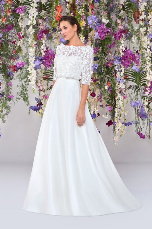Wirunsy Abito Da Sposa Corto In Raso Increspato, Maniche Lunghe, Scollo Quadrato, Retro Scoperto Con Corsetto, Bianco, Taglia 42