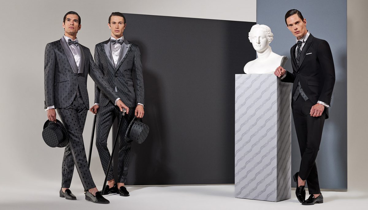 In questa foto un modello della linea Sartorial tight della collezione di abiti da sposo Andrea Versali 2021