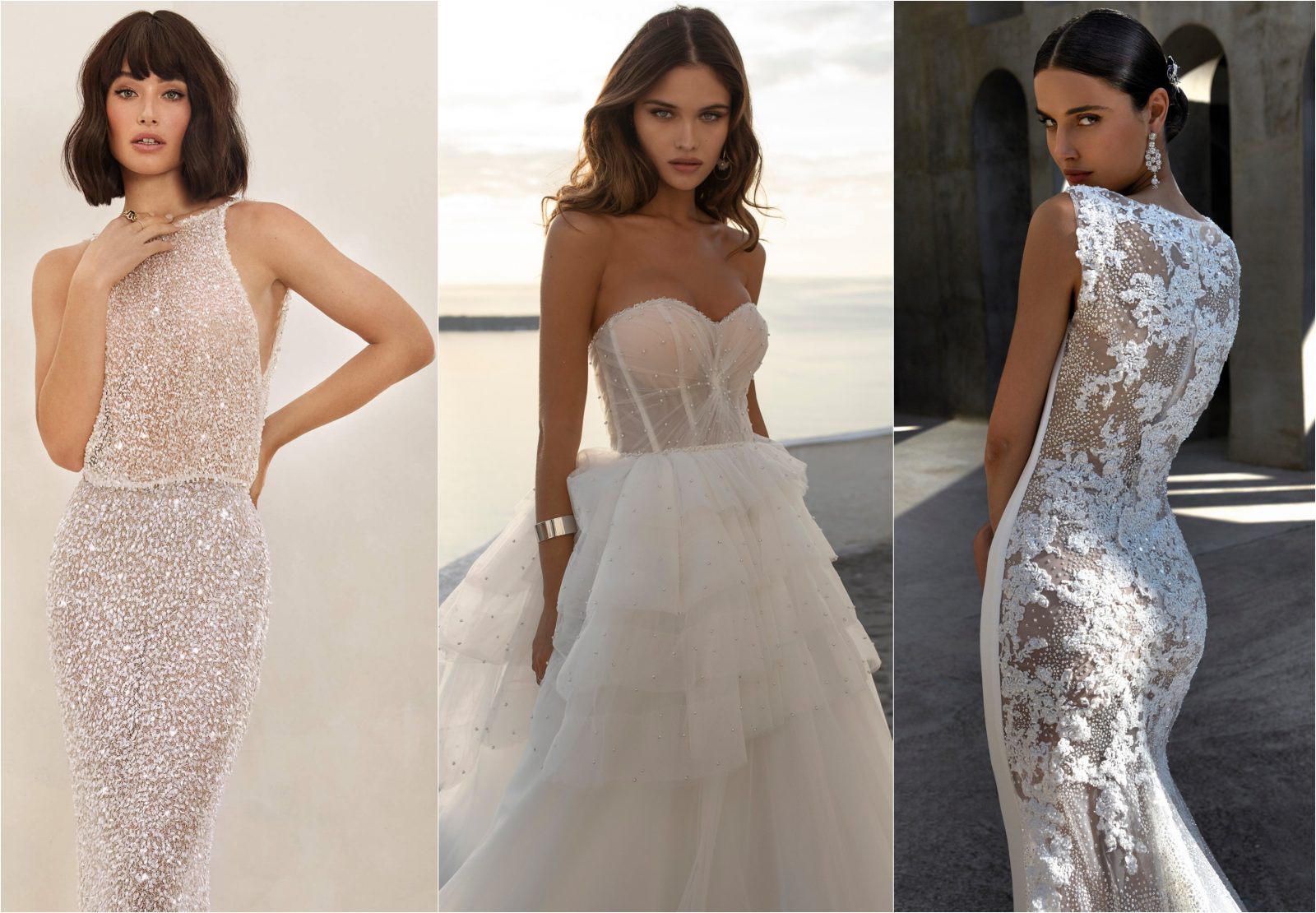 In questa foto un collage con tre modelle che indossano abiti da sposa in linea con le maggiori tendenze sposa 2021