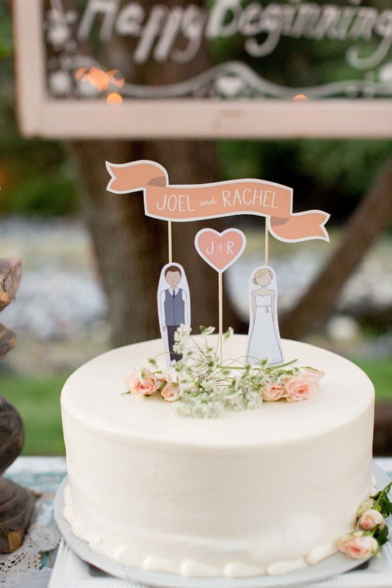 In questa foto un cake topper realizzato con il cartoncino e che riprende le sagome degli sposi con i loro nomi