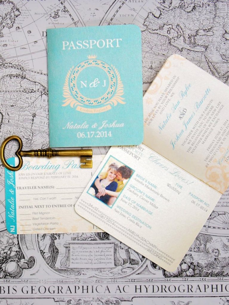 In questa foto partecipazioni a forma di passaporto colore Tiffany per un matrimonio a tema viaggio. Nelle partecipazioni sono inseriti i nomi degli sposi, una loro foto e le informazioni del ricevimento