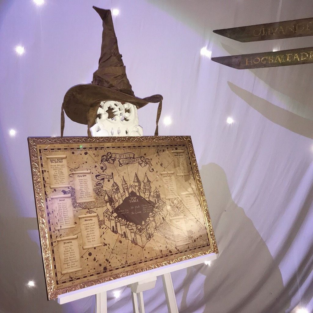 In questa foto un tableau mariage a tema Harry Potter con la Mappa del Malandrino sovrastata dal Cappello Parlante