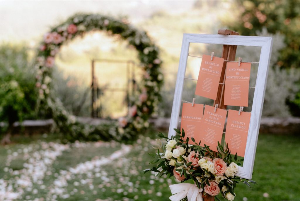 In questa foto un tableau de mariage per un matrimonio in giardino. Il tableau inquadrato in primo piano è realizzato con una cornice bianca con fiori bianchi e rosa lungo il lato orizzontale inferiore. Le card con i nomi degli ospiti sono di colore mattone e appese con delle piccole pinze su fili di corda legati alla cornice. Sullo sfondo, in secondo piano e sfocato, si intravede un cerchio di foglie, fiori rosa e bianchi 