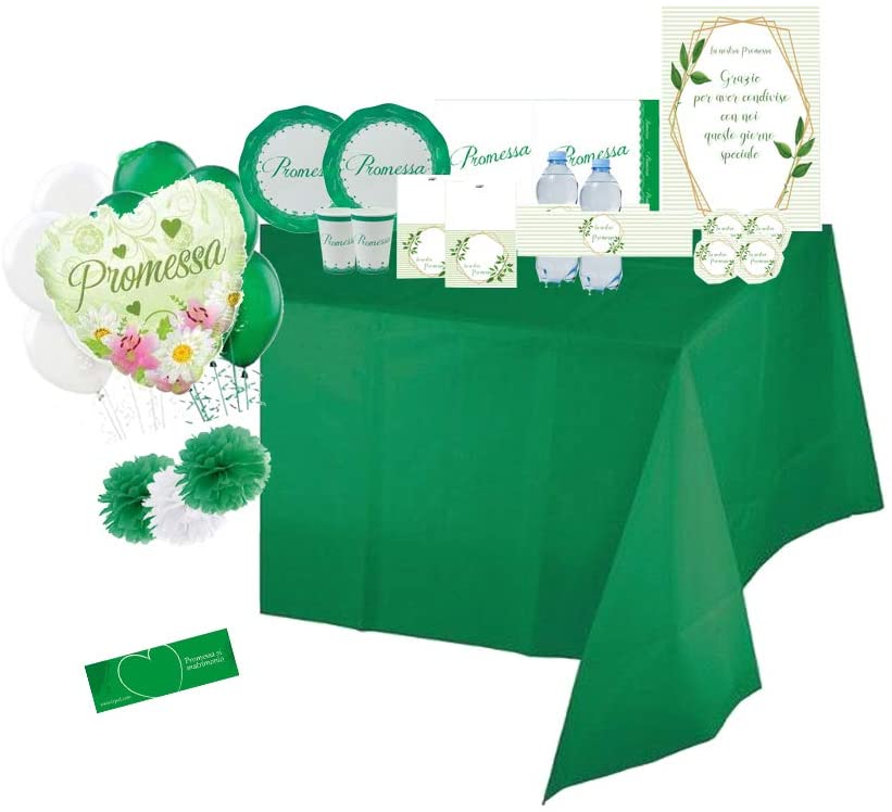 In questa foto il kit per allestire il tavolo della promessa. Una tovaglia di carta verde scuro. palloncini colorari a forma di cuore con la scritta "Promessa", origami verdi e bianchi. Piatti e bicchieri di plastica bianchi e verdi con la scritta Promessa. Adesivi con la scritta "La nostra promessa". 