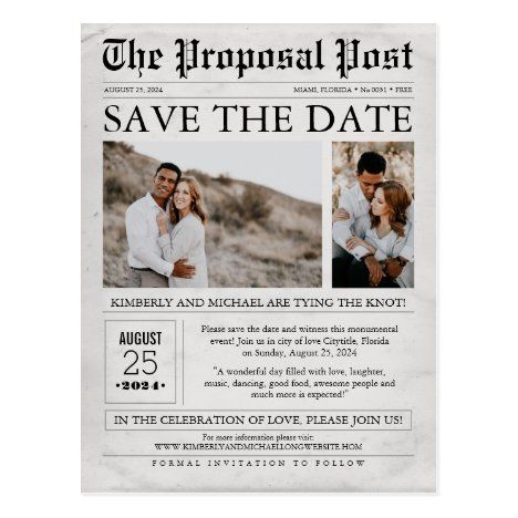 In questa foto un invito per matrimonio realizzato come la prima pagina di un giornale intitolato "The Proposal Post". In cima sono presenti due foto di coppia degli sposi. In basso invece sono riportate data ed informazioni delle nozze