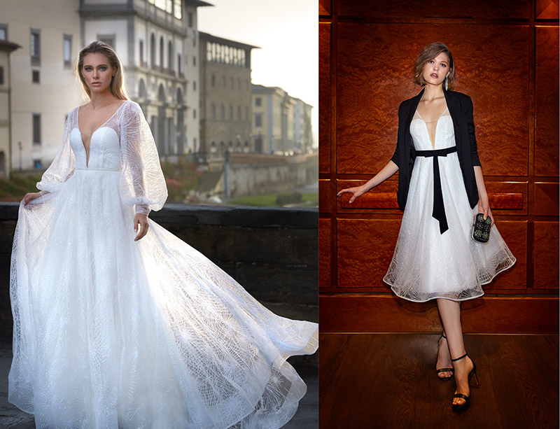 In questa foto un abito di Nicole Milano della collezione Second Life. Presentati i due modelli: abito da sposa e nella versione trasformata da Nicole Cavallo