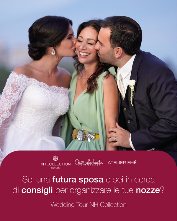 In questa foto Cira Lombardo tra una coppia di sposi: la locandina del Wedding Tour NH Collection