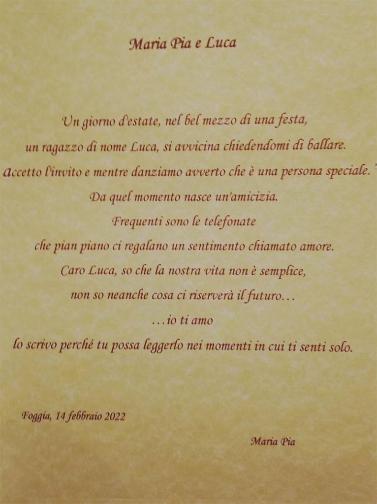 Il questa foto la lettera d'amore che Maria Pia ha scritto a Luca 