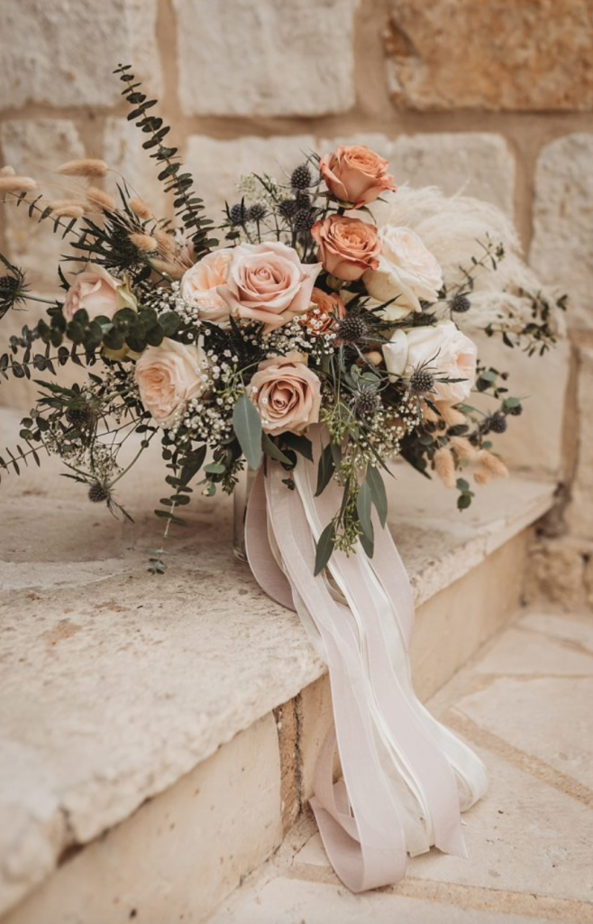 In questa foto un bouquet da sposa in stile boho chic con rose cappuccino e rosa cipria e foglie. Dall'impugnatura del bouquet scendono nastri di seta bianca e beige