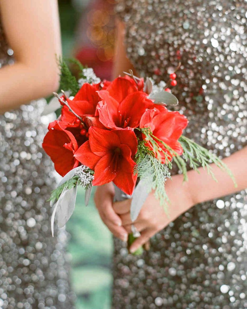 In questa foto le mani di una damigella che tengono un piccolo bouquet di fiori per matrimonio di amaryllis rossi