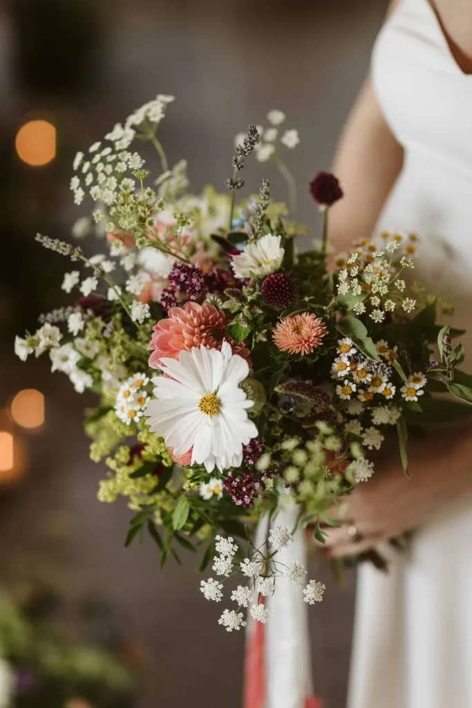 In questa foto le mani di una sposa che tiene un bouquet di fiori di campo