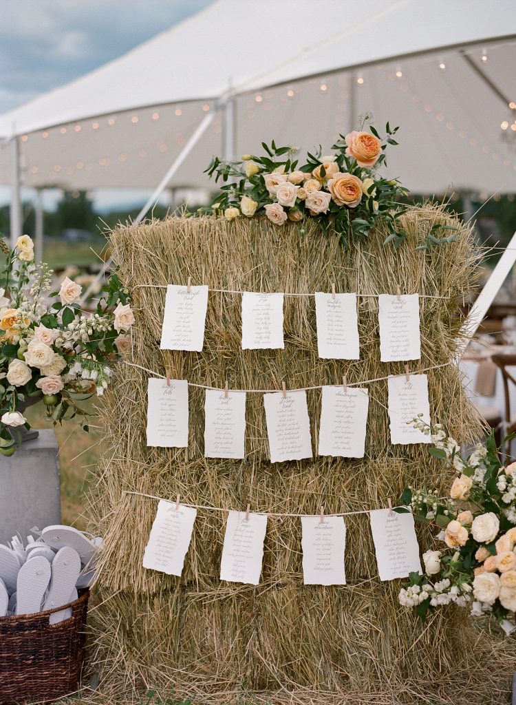 In questa foto un tableau de mariage in stile Country Chic costruito con una balla di fino a cui sono stati appesi i cartoncini dei tavoli