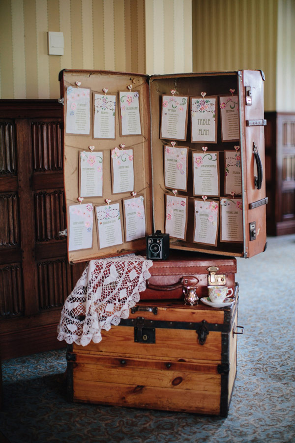 In questa foto un tableau de mariage a tema viaggio con valigie a cui sono stati appesi cartoncini con i nomi degli invitati