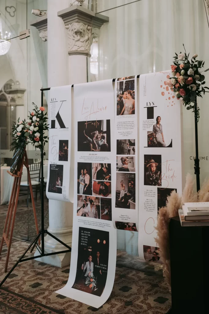 In questa foto un Photo Display, tra le idee originali per matrimonio, composto da pannelli con le foto prematrimonio degli sposi e il racconto della loro storia