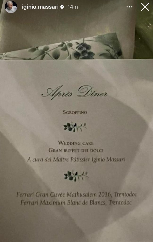 Il menù di nozze di Iginio Massari per Federica Pellegrini.