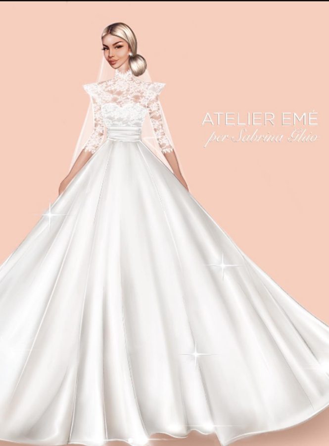 Il bozzetto dell'abito da sposa Sabrina Ghio di Atelier Emè. 