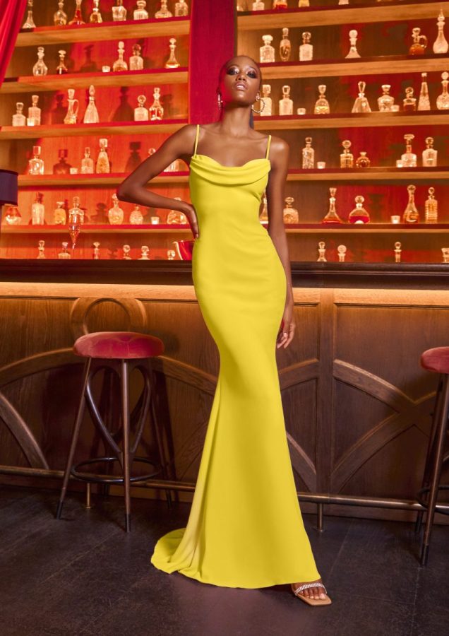 In questa foto la modella indossa un abito da cerimonia 2023 giallo Pronovias.