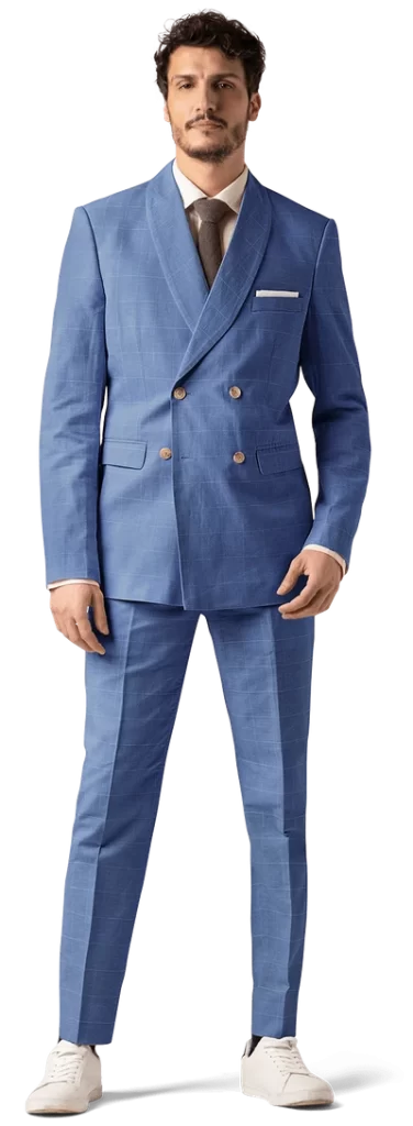 In questa foto un modello indossa un abito da sposo di colore azzurro con giacca doppiopetto di Hockerty