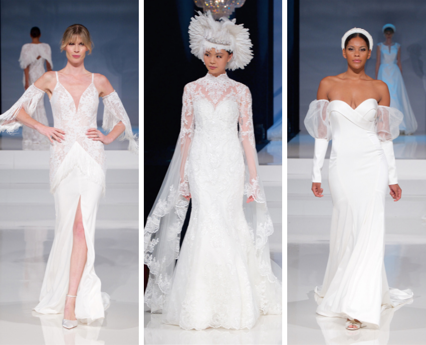In questa foto tre modelle indossano abiti da sposa con dettagli in trasparenza.