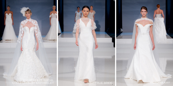 In questa foto tre modelle indossano abiti da sposa con con dettagli trasparenti.
