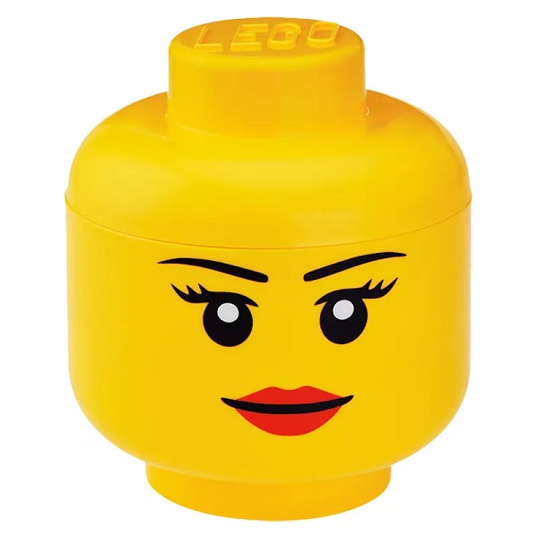 In questa foto, il contenitore a forma di testa gialla della Lego