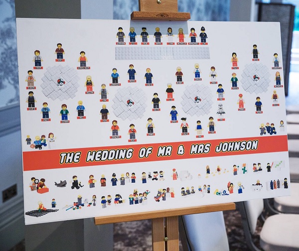 In questa foto, un tableau de mariage sistemato su un treppiedi decorato con tavoli a forma di mattoncini bianchi e commensali minifigure 