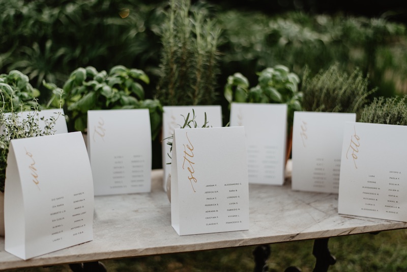 In questa foto un tableau de mariage con cartoncini di colore bianco con i numeri dei tavoli scritti per esteso in colore oro