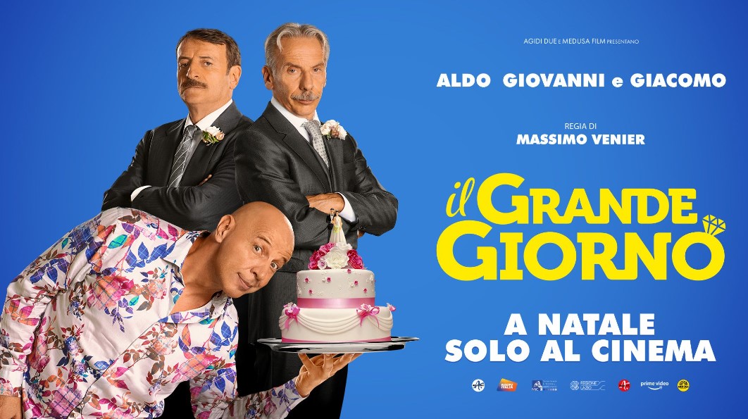 In questa foto la locandina del nuovo film di Aldo, Giovanni e Giacomo, intitolato Il grande giorno