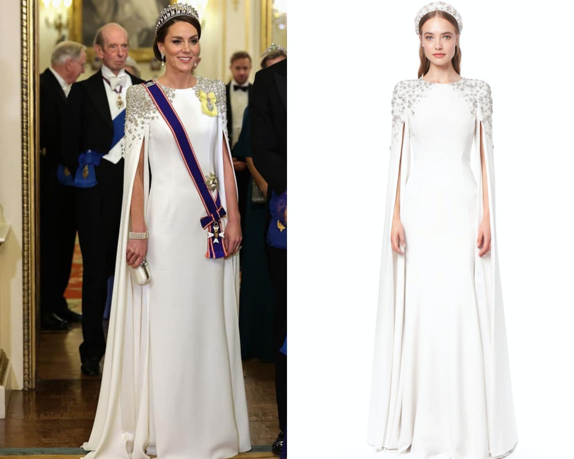 In questo collage, a destra la principessa Kate Middleton e a sinistra l'abito da sposa della collezione Jenny Packham 2021 che ha indossato per il gala di novembre 2022 a Buckingam Palace