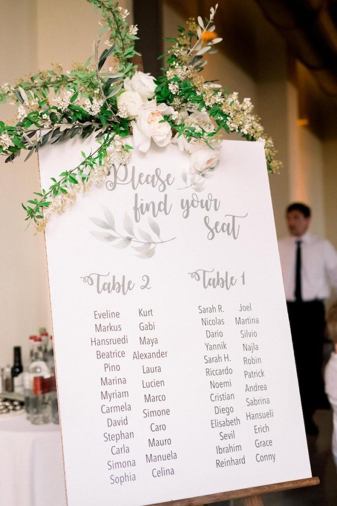 In questa foto un tableau de mariage in cartone decorato con rose di colore bianco