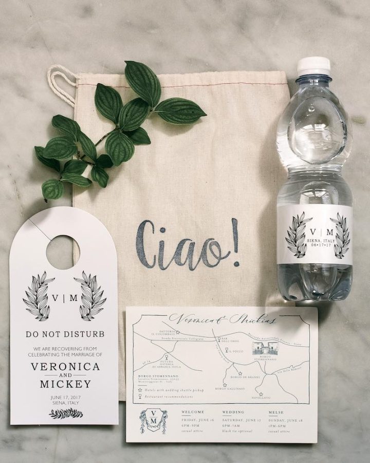 In questa foto una wedding bag minimal con sacchetto di stoffa con scritto "Ciao", tag per la camera, mappa della location del matrimonio e una bottiglietta d'acqua di plastica