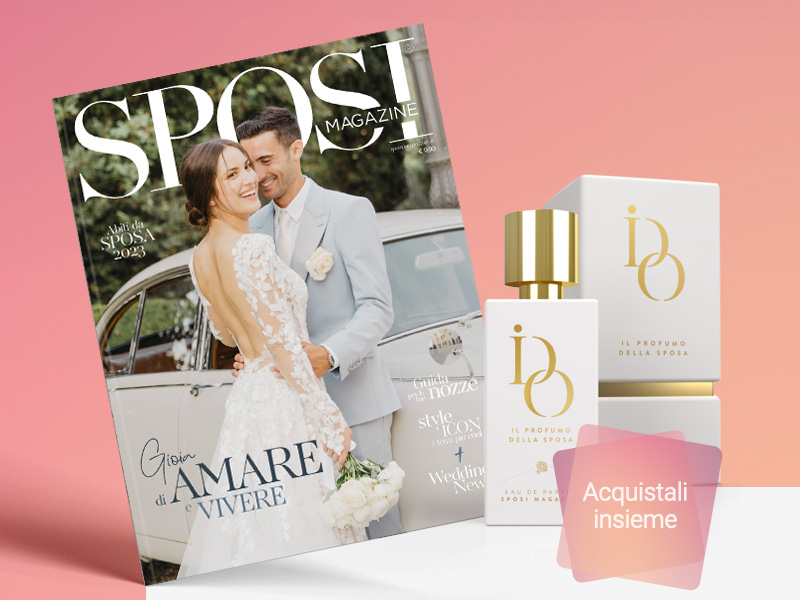 In questa immagine la copertina del nuovo numero di Sposi Magazine e il flacone di I Do, il profumo della sposa. E' possibile acquistare i prodotti insieme, ad un prezzo speciale