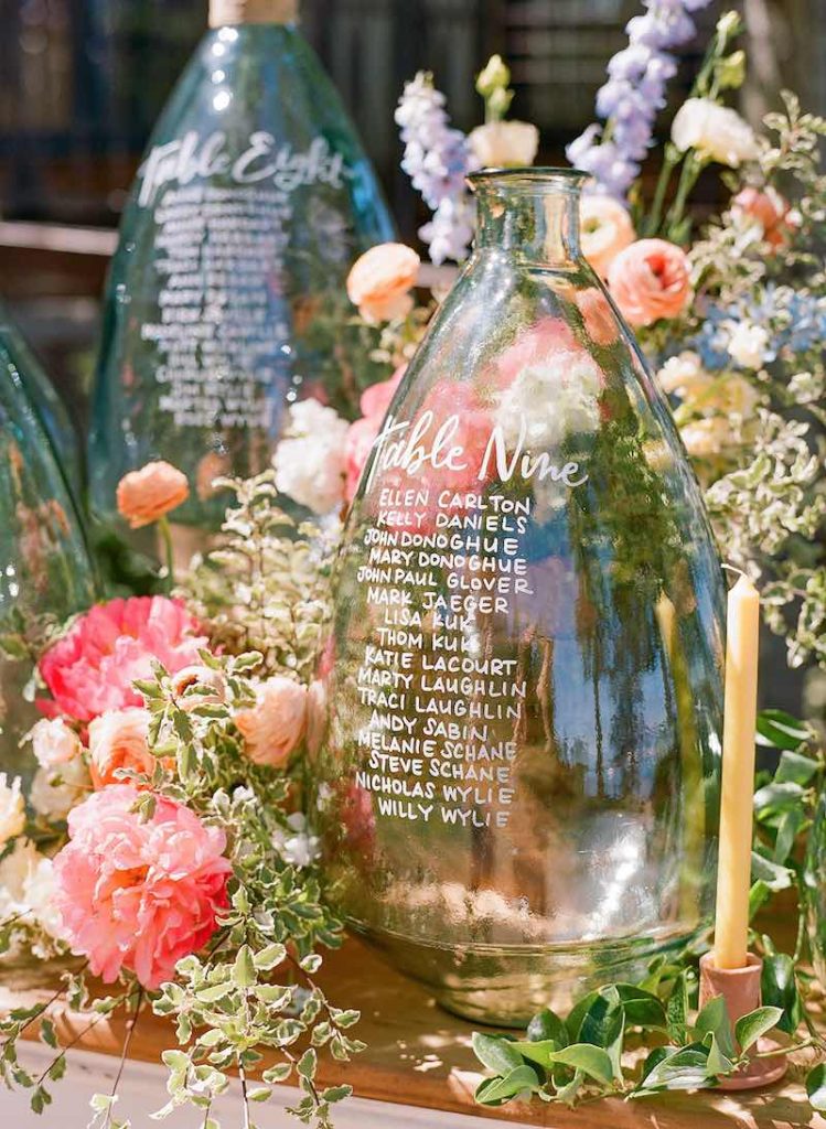 In questa foto un tableau de mariage in stile Country Chi con boccioni di vetro con i nomi degli invitati circondati da fiori di colore rosa, bianco e lilla