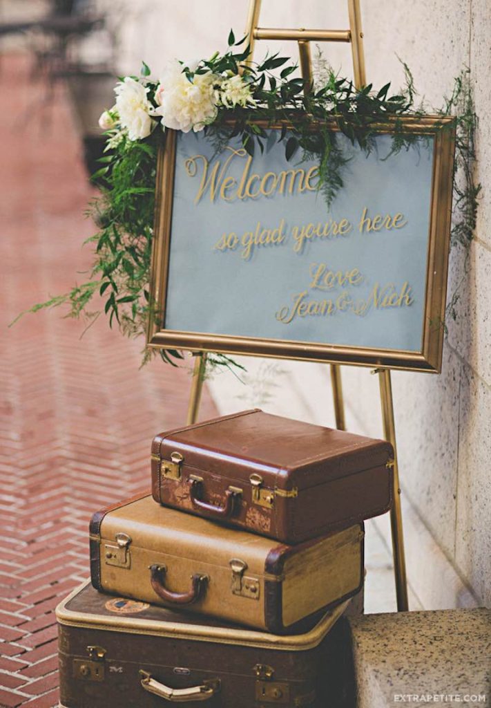 In questa un tableau welcome mariage in stile vintage realizzato con una cornice e antiche valigie 