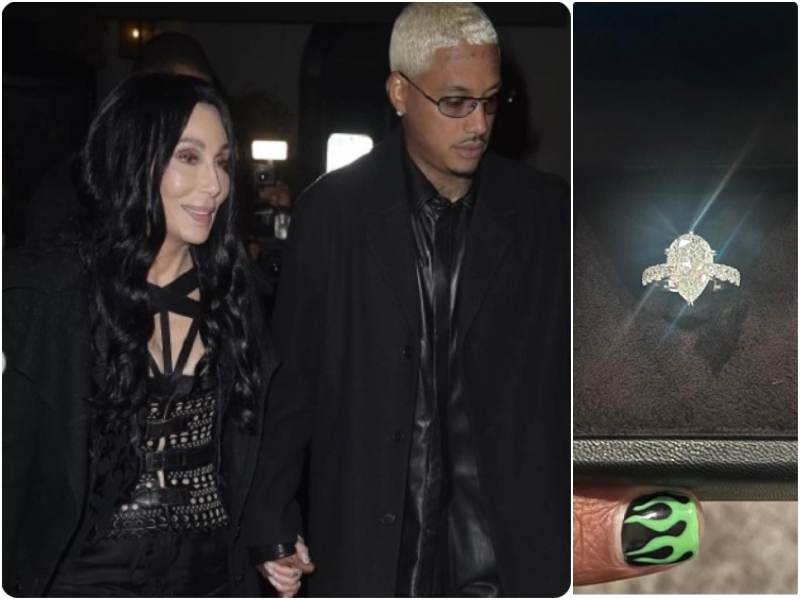 In foto: a sinistra Cher e il fidanzato Alexander Edwards, a sinistra l'anello di diamanti ricevuto dalla cantante a Natale