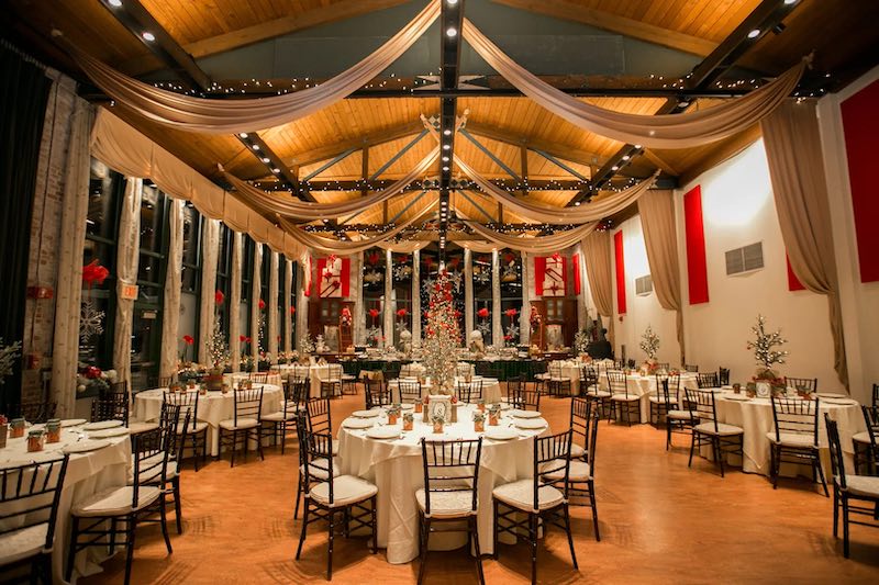 In questa foto una location per matrimonio a tema Natale. una sala con tetto in legno decorato con drappi di colore bianco e grandi vetrate