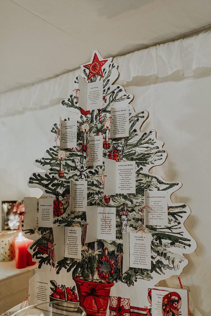 In questa foto un tableau de mariage a forma di albero di Natale con elenchi degli invitati a scomparsa