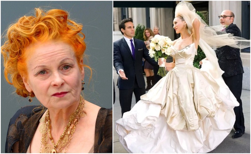 In questa foto Vivienne Westwood e Sarah Jessica Parker nei panni di Carrie Bradshaw che indossa un abito della stilista