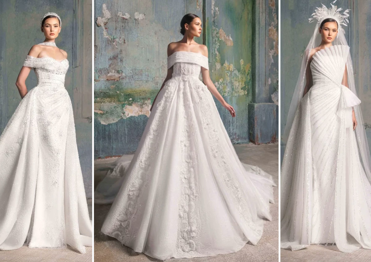 Questa foto è un collage con tre modelle che indossano gli abiti da sposa La Mariée 2023 di Tony Ward