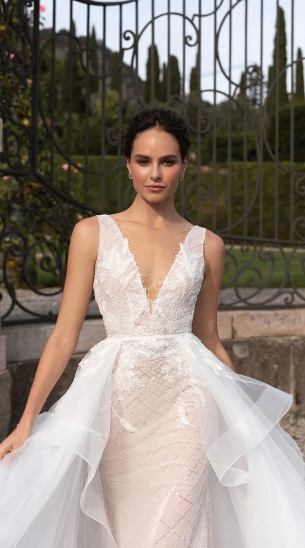 In questa foto una modella cammina indossando un abito da sposa Pollardi 2023 con scollatura a V e sovragonna removibile sul modello a sirena