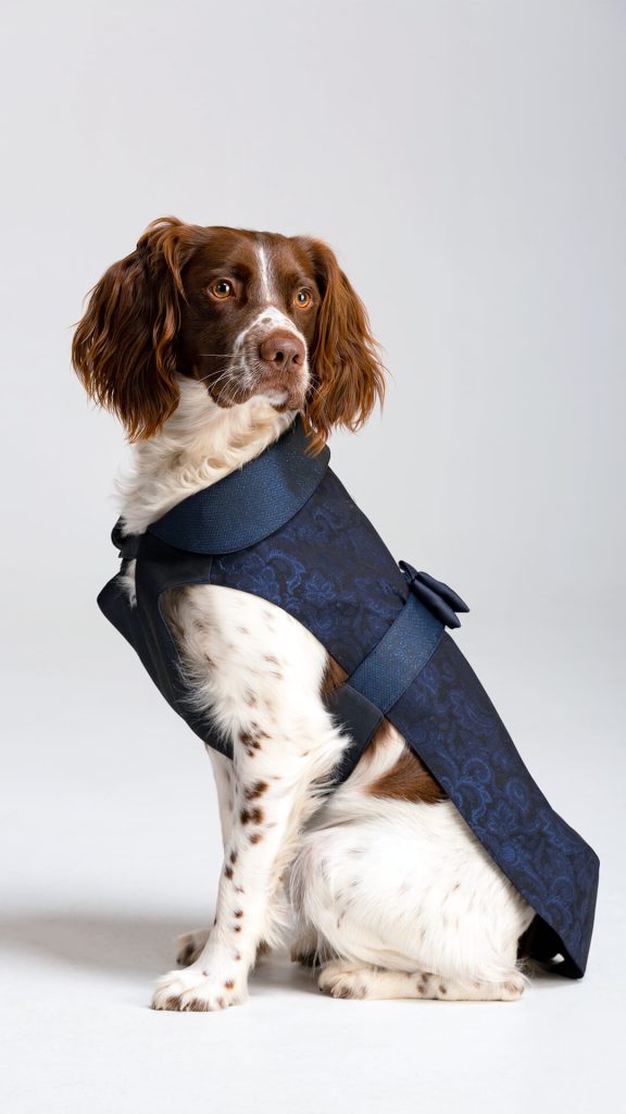In questa foto un cane di razza Epagneul Breton con manto di colore bianco e marron indossa una pettorina elegante della linea Versali Pets con tessuto damascato di colore blu scuro e papillon sulla schiena