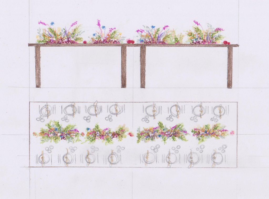 In questa foto un bozzetto realizzato da Mary Tricarico Wedding Designer per un matrimonio: i fiori a centrotavola e la mise en place