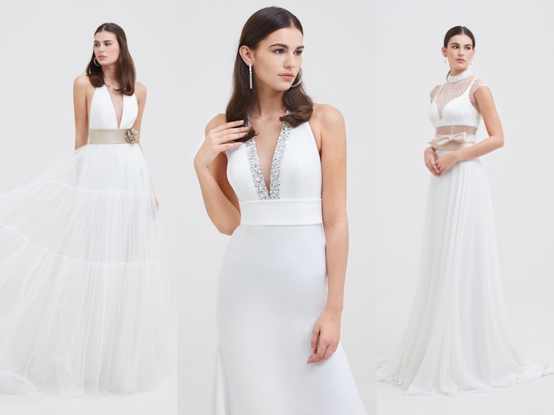Questa immagine è un collage di tre foto di modelle con indosso gli abiti da sposa Angela Pascale 2023