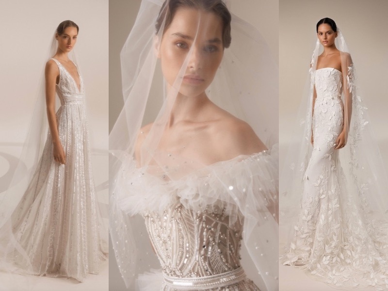 Questa immagine è un collage di tre abiti da sposa Elie Saab 2023