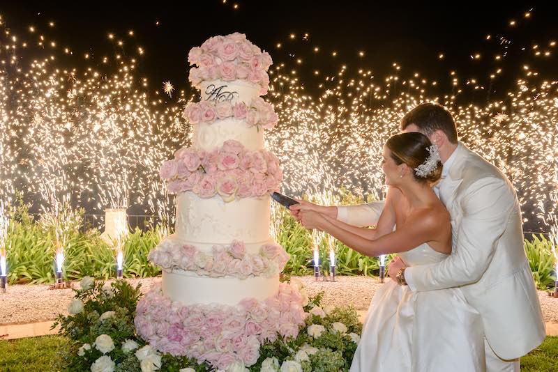 In questa foto due sposi tagliano la torta nuziale decorata con rose rosa circondati da fuochi d'artificio