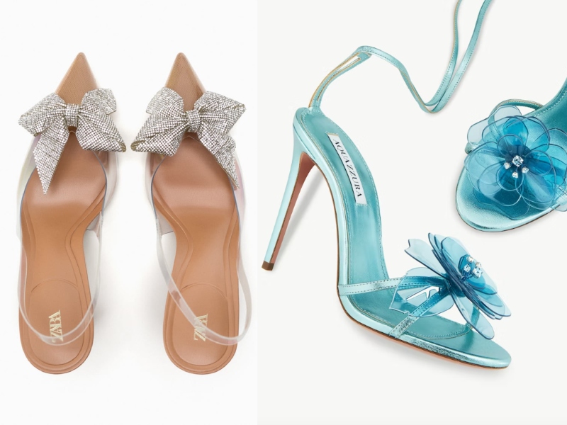 Questa immagine è un collage con due paia di scarpe da cerimonia donna 2023: una di Zara e l'altra di Aquazzurra