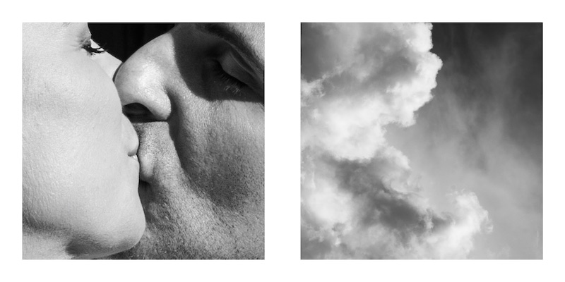 In questa tavola fotografica in bianco e nero di Valentina Di Mauro il dettaglio di due sposi che si baciano e delle nuvole