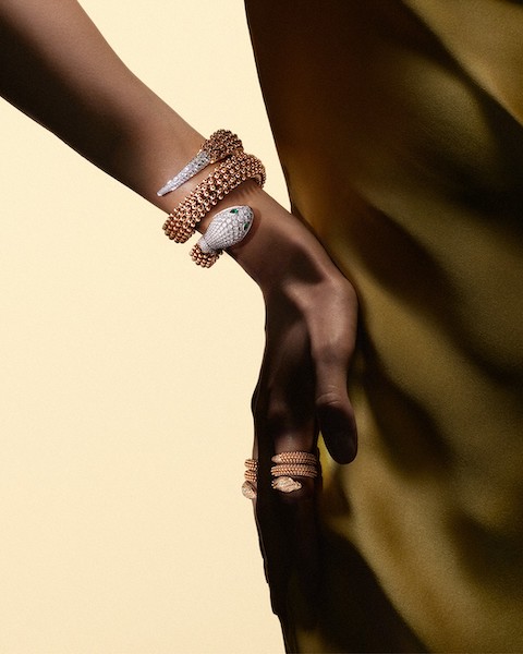 In questa foto una modella indossa un maxi bracciale a forma di serpente di Bulgari. L'animale è da sempre simbolo della maison di alta gioielleria