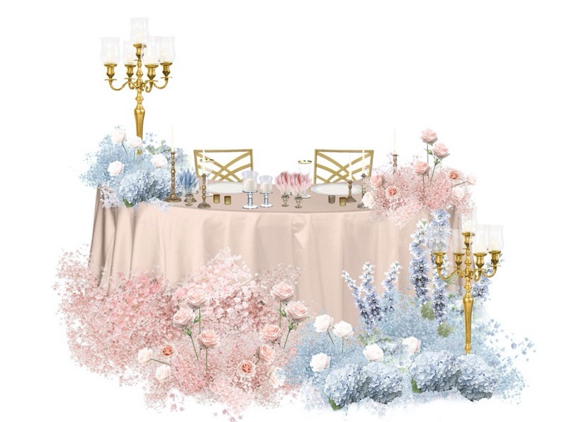 In questa foto il rendering del tavolo degli sposi di un matrimonio della Giovanna Damonte Agency realizzato nei torni del celeste e del rosa