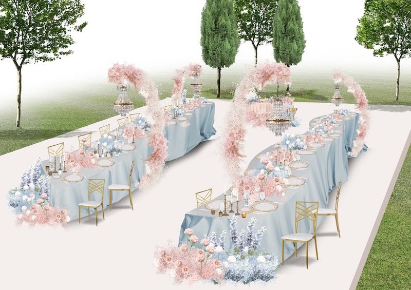 In questa foto il rendering dell'allestimento di un matrimonio della Giovanna Damonte Agency realizzato nei torni del celeste e del rosa